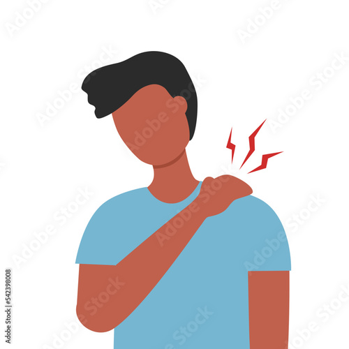 Man has neck and shoulder pain symptom in flat design on white background. Bone or muscle problem. Office syndrome.