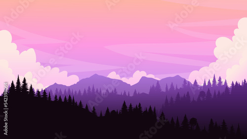 Beautiful forest panoramic. Realistic neon vector vivid background. Landscape purple trees pine in mist design. Mystery fog in park sunset concept. Nature beauty. Tourism web banner.