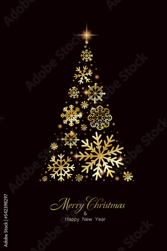 Merry Christmas and Happy New Year greeting card design with golden stars and snowflakes decorated on Christmas background for banners,postersr or cards. Beautiful Christmas background.