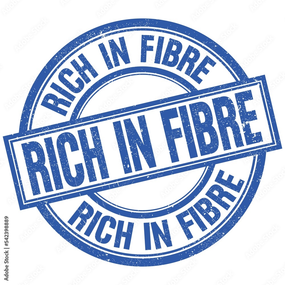 RICH IN FIBRE written word on blue stamp sign RICH IN FIBRE written word on blue stamp sign