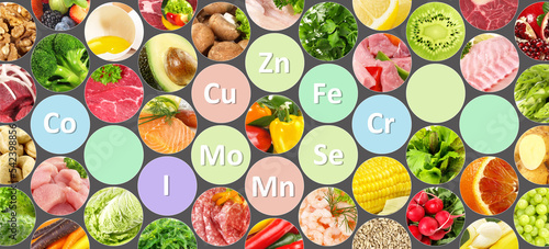 Essential trace elements of the human body include zinc (Zn), copper (Cu), selenium (Se), chromium (Cr), cobalt (Co), iodine (I), manganese (Mn), and molybdenum (Mo) on dark background - Panorama