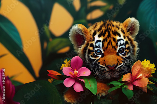 Cute realistic lynx on tropical jungle full of exotic flowers and leaves. Amazing tropical wallpapers for print  web  greeting cards  wrappers. Digital art