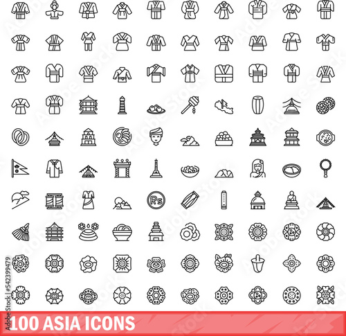 100 asia icons set. Outline illustration of 100 asia icons vector set isolated on white background