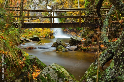 Cascada con agua efecto seda entre rocas, arboles y puente de madera