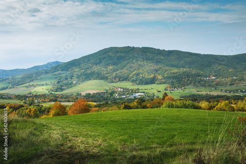 Hilly rural landscape in autumn season.