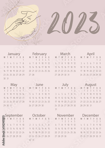 Vector. Calendar 2023. Pastel colors, flowers, people's hands. You are beautiful.