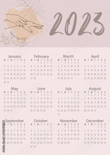 Vector. Calendar 2023. Pastel colors, flowers, people's hands. You are beautiful.