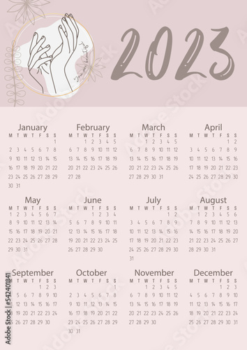 Vector. Calendar 2023. Pastel colors, flowers, people's hands. You are beautiful.