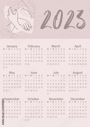 Vector. Calendar 2023. Pastel colors, flowers, people's hands. You are beautiful.