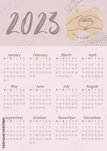 Vector. Calendar 2023. Pastel colors, flowers, people's hands. You are beautiful.