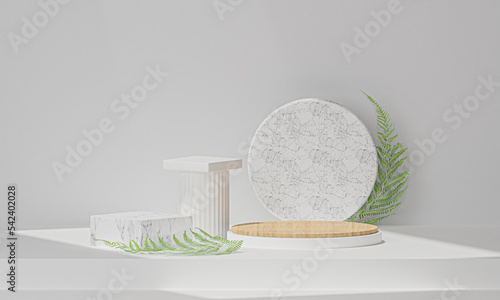 Fototapeta Naklejka Na Ścianę i Meble -  Abstract minimal scene with geometric forms. Cylinder wood podium stage in white background. for show product cosmetic presentation, mock up, 3d rendering illustration