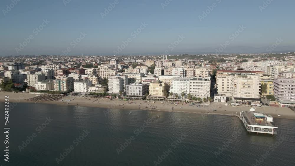 Aerial pan over Albanian port city of Durres on Adriatic Sea coast Aerial pan over Albanian port city of Durres on Adriatic Sea coast