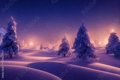 Winter christmas landscape. Magical fairy light. Christmas tree. Winter starry sky © Aquir