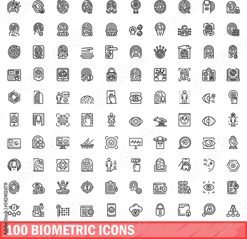 100 biometric icons set. Outline illustration of 100 biometric icons vector set isolated on white background
