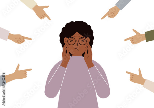 The concept of public condemnation, victim blaming and bullying. Crying depressed woman. The fingers point at the character and hate him. Internet cyberbullying.