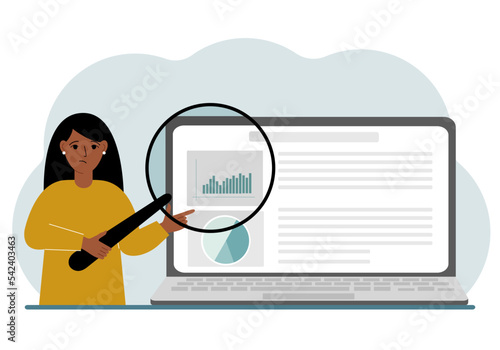 A woman shows a report, a presentation on a laptop with a magnifying glass vector illustration. Financial business analysis, audit, planning concept.