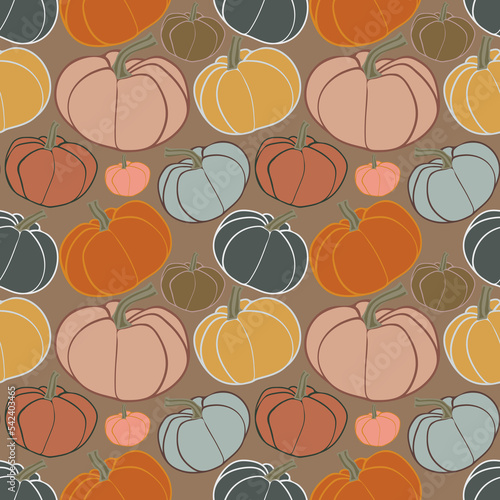 Seamless Pumpkin pattern  Flat design pumpkin ornament   Multicolored pumpkins background .Halloween wallpaper  Thankgiving wrapping paper design  Autumn seamless print