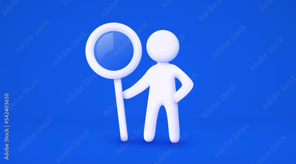 3d white cartoon man holding big magnifying glass. Analyze concept. Isolated blue background. 3d white cartoon man holding big magnifying glass. Analyze concept. Isolated blue background.