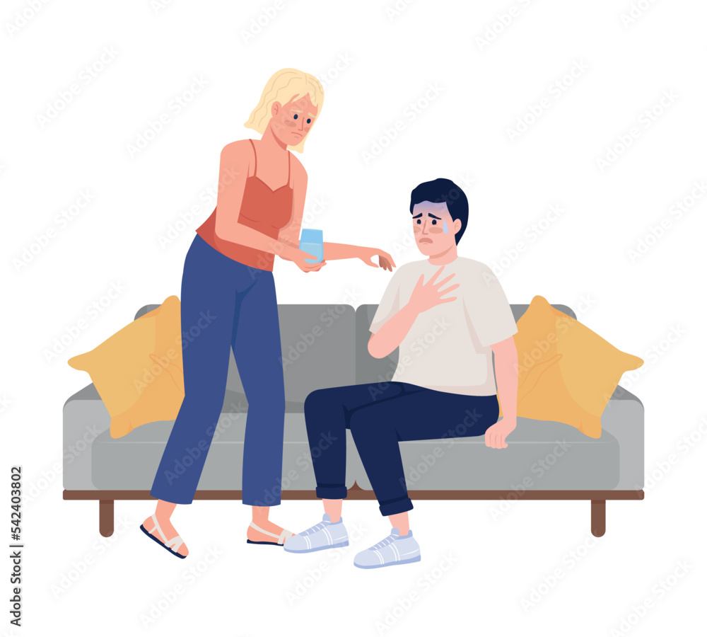 Woman calming down stressed friend semi flat color vector characters. Panic attack. Editable figures. Full body people on white. Simple cartoon style illustration for web graphic design and animation Woman calming down stressed friend semi flat color vector characters. Panic attack. Editable figures. Full body people on white. Simple cartoon style illustration for web graphic design and animation