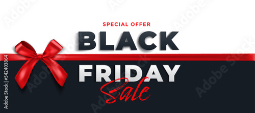 Black Friday Sale banner. Modern minimal design with black 3d typography and beautiful red Bow. Trendy creative template for promotion, advertising, web, social and fashion ads. Vector illustration.