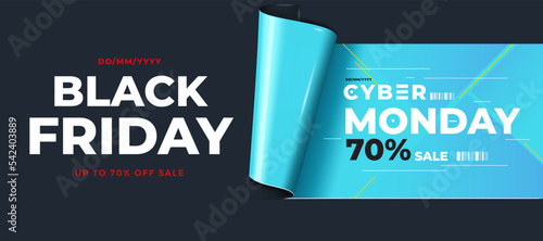 Black Friday sale poster or commercial discount event banner on black background with with curved rolled edge. Social media template for website and mobile website development, email and newsletter de