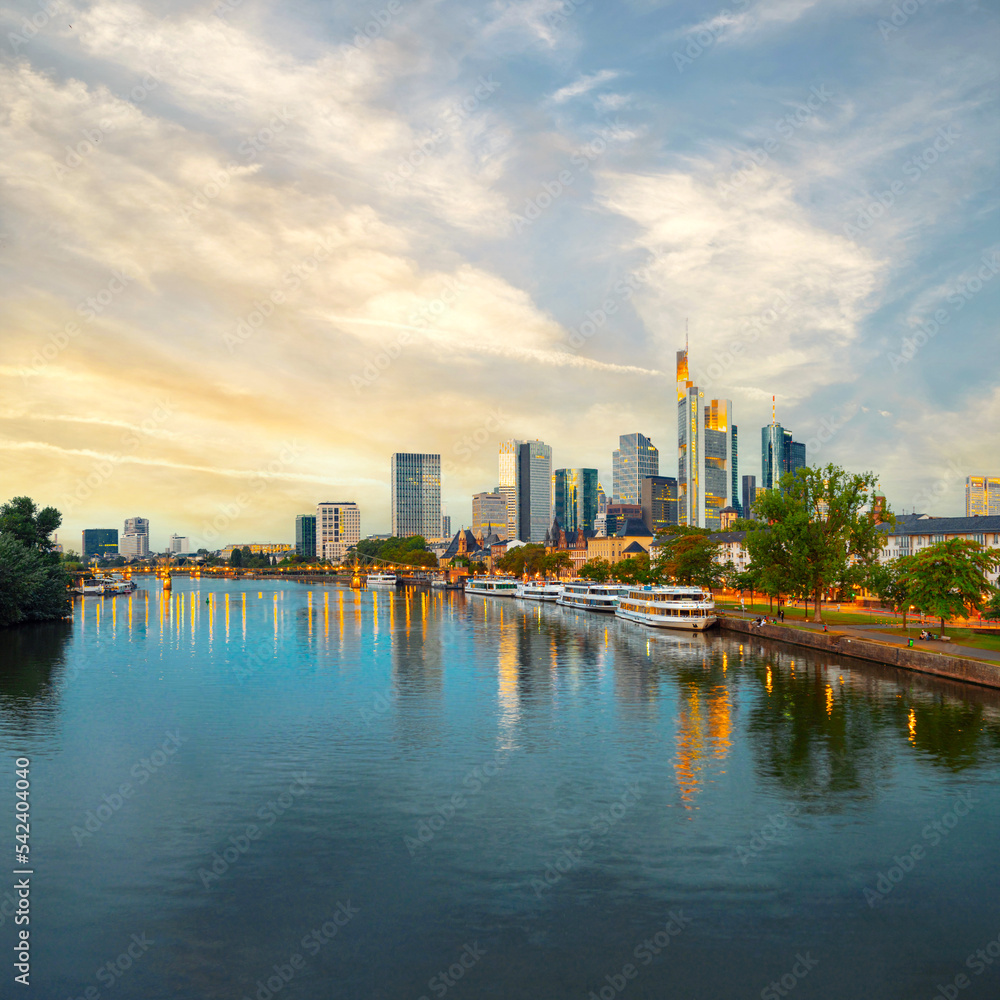 Frankfurt am Main, Germany - September 19, 2021: Skyline of Frankfurt. financial center of the country. Travel and sights of city breaks. landmarks, travel guide Europe. Banner or panoramic postcard
