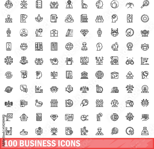 100 business icons set. Outline illustration of 100 business icons vector set isolated on white background