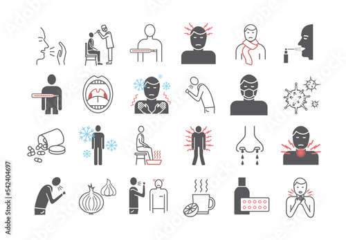 Common cold. Flu season. Symptoms, Treatment. Line icons set. Vector signs for web graphics.