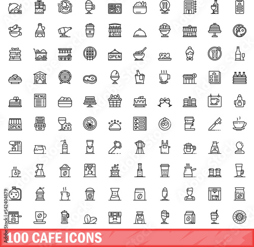 100 cafe icons set. Outline illustration of 100 cafe icons vector set isolated on white background