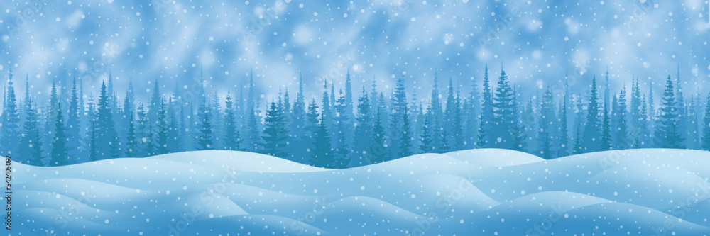 Light winter landscape, snow drifts and trees, it snows, vector illustration, panoramic view