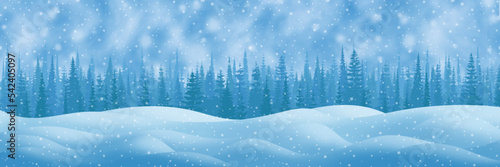 Light winter landscape, snow drifts and trees, it snows, vector illustration, panoramic view