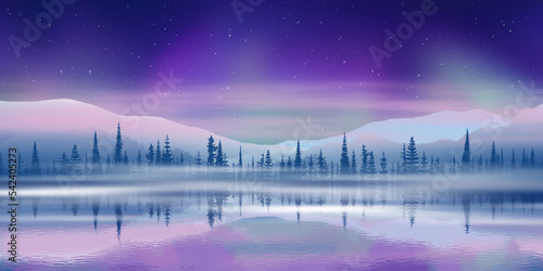 Aurora borealis reflected in water, winter holiday illustration, northern nature