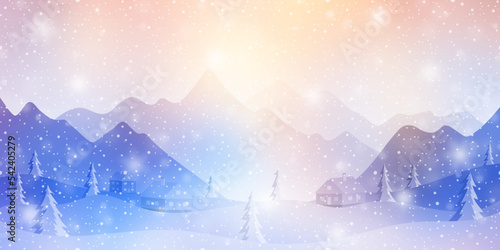 Dreamy winter landscape, snowfall and bokeh effect, bright holiday background, vector illustration