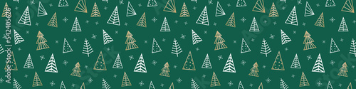 Golden Christmas trees. Concept of seamless pattern. Panoramic header. Vector illustration