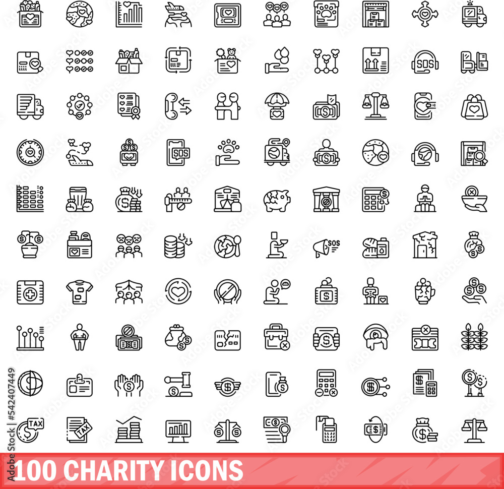 100 charity icons set. Outline illustration of 100 charity icons vector set isolated on white background 100 charity icons set. Outline illustration of 100 charity icons vector set isolated on white background