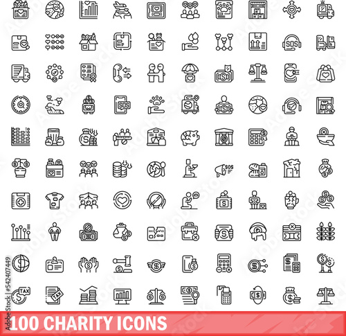 100 charity icons set. Outline illustration of 100 charity icons vector set isolated on white background