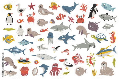 Big set of cartoon sea animals for kids. Stickers, cards, invites and posters. Iisolated on white background. Inhabitants of the sea world. Cute underwater creatures dolphin, shark, ocean crabs, sea t