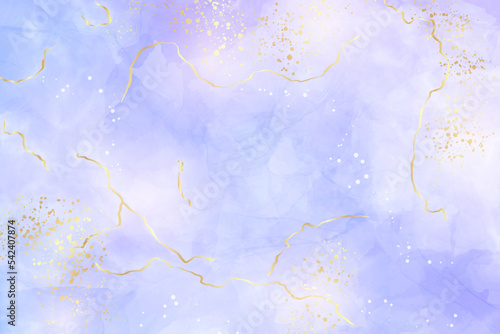 Violet lavender liquid watercolor marble background with golden lines. Pastel purple periwinkle alcohol ink drawing effect. Vector illustration design template for wedding invitation, menu, rsvp