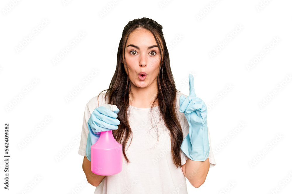 Young cleaner caucasian woman isolated on green chroma background having some great idea, concept of creativity. Young cleaner caucasian woman isolated on green chroma background having some great idea, concept of creativity.