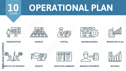 Operational Plan icon set. Monochrome simple Operational Plan icon collection. Presentation, Audiece, Capital, Business Model, Marketing Plan, Conflict Of Interest, Grants, Executive Summary, Mission