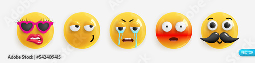 Emotion Realistic 3d Render. Set Icon Smile Emoji. Vector yellow glossy emoticons.