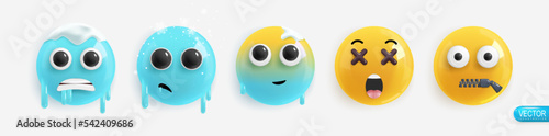 Emotion Realistic 3d Render. Set Icon Smile Emoji. Vector yellow glossy emoticons.
