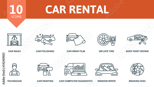 Car Rental icon set. Monochrome simple Car Rental icon collection. Car Wash, Car Polishing, Car Wrap Film, Inflate Tire, Body Paint Repair, Technician, Car Painting, Car Computer Diagnostic, Window