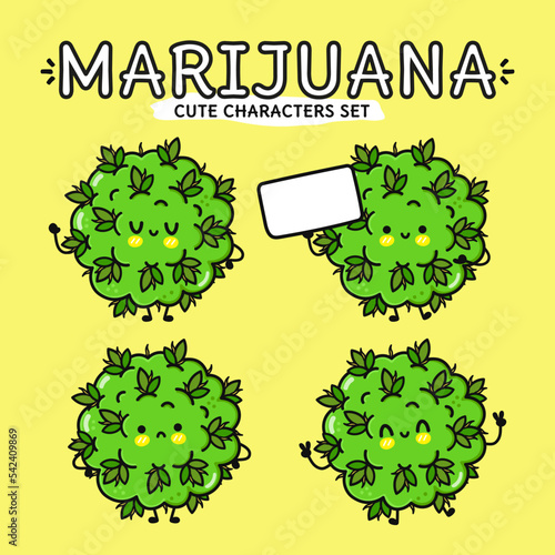 Funny smiling happy marijuana weed bud bundle set. Vector flat cartoon character illustration icon design. Isolated on yellow background