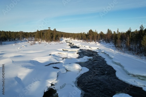 Aerial view of frozen river in north Finland, Lapland