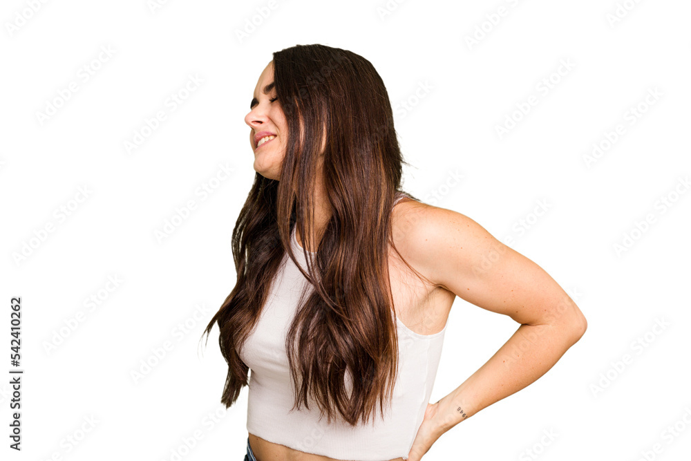 Young caucasian woman isolated on green chroma background suffering a back pain. Young caucasian woman isolated on green chroma background suffering a back pain.