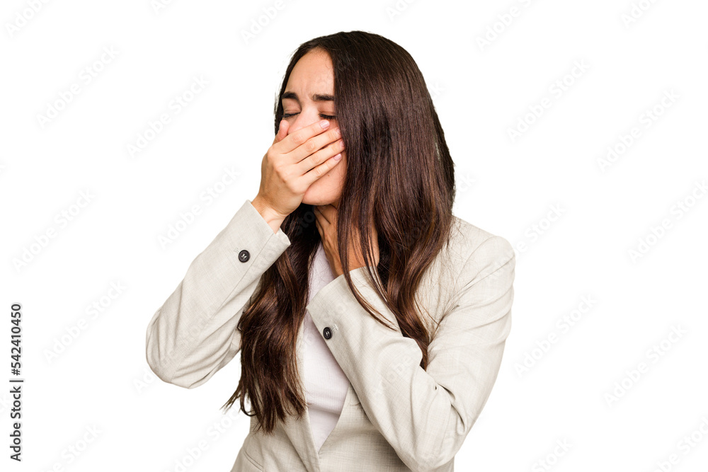 Young caucasian woman isolated on green chroma background suffers pain in throat due a virus or infection. Young caucasian woman isolated on green chroma background suffers pain in throat due a virus or infection.