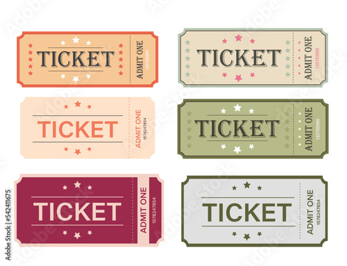 Retro tickets. Vintage cinema ticket concert and festival event, movie theater coupon. Vintage paper admit one and ticket samples icon.