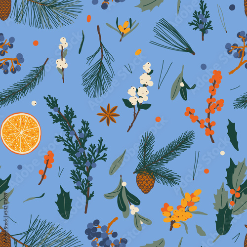 Christmas plants: orange, mistletoe, pine, spruce, mahonia, holly, sea buckthorns, anise, ilex red, juniper, spruce needles, conifer cone, snowberry. Seamless pattern on the blue.