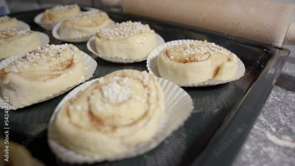 Static shot with focus shift of a tray with unbaked cinnamon buns. Static shot with focus shift of a tray with unbaked cinnamon buns.